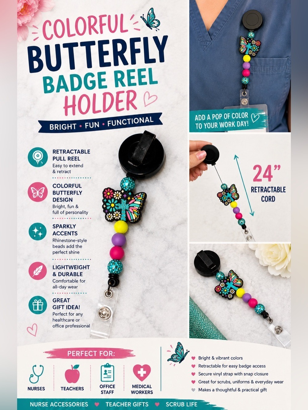 Colorful Butterfly Badge Reel Holder Nurse Teacher ID Holder Retractable